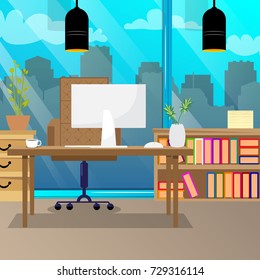 Design of modern office with big window, desktop, modern monitor, furniture in interior. Vector illustration cartoon.