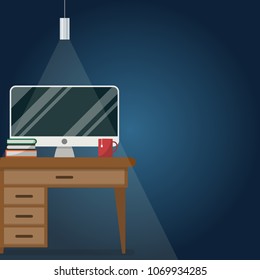 Design of modern office designer workplace with flat design furniture in interior. For website and banner, Workspace and Copy space.