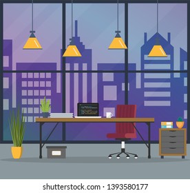 Design of modern office designer workplace. Creative office workspace with big window, desktop, laptop, furniture in interior. Vector illustration in flat minimalistic design