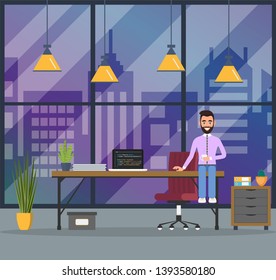 Design of modern office designer workplace. Creative office workspace with big window, desktop, laptop, furniture in interior. Man is sitting on the table. Vector illustration in flat minimalis