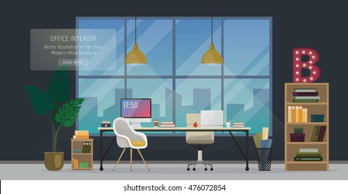 Design of modern office designer workplace. Creative office workspace with big window, desktop, modern monitor, furniture in interior. Vector illustration in flat minimalistic design, website banner