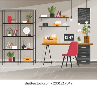 Design of modern office working place desk, chair, computer, desktop, plant, lamp, monitor, shelving with decorative elements. Coworking space interior. Workplace of employees, open office. Work table