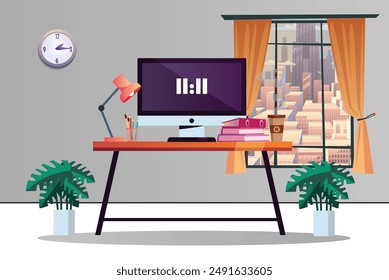 Design of modern office workplace. Creative office workspace with window, desktop, modern monitor, Vector illustration in flat minimalistic design