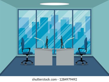 Design of modern office design workplace with large window