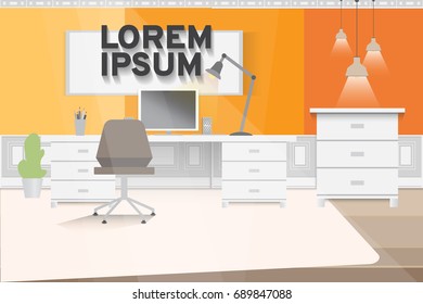 A design of modern office workplace, room with a computer. Vector illustration in flat minimalistic style, for website banner or another design production.