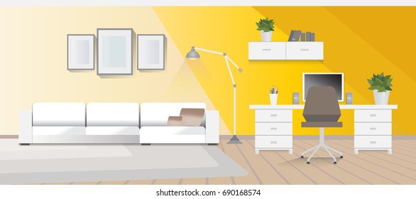 A design of modern office workplace, room with a computer and sofa. Vector illustration in flat minimalistic style, for website banner or another design production.
