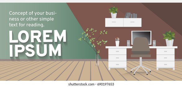 A design of modern office workplace, room with a computer. Vector illustration in flat minimalistic style, for website banner or another design production.