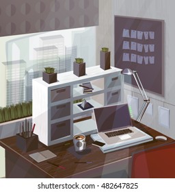 Design of modern office workplace. Workspace with big window, desktop, furniture in interior. 
