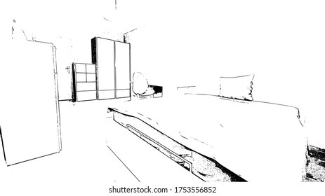 design of a modern room with a bed and a wall, hand-drawn
