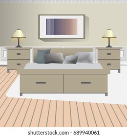 A design of modern workplace, bedroom with other objects. Vector illustration in flat minimalistic style, for website banner or another design production.