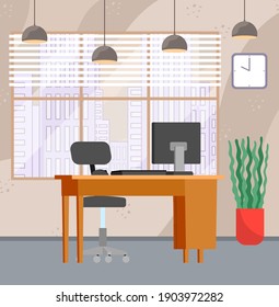 Diseño de un lugar de trabajo moderno. Oficina creativa con ventana grande, escritorio, monitor y mobiliario. Diseño y disposición de la habitación para los empleados. Planificación de la distribución de mobiliario en la oficina en el trabajo