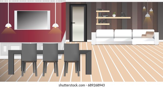 A design of modern workplace, dining room with other objects. Vector illustration in flat minimalistic style, for website banner or another design production.