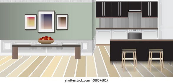 A design of modern workplace, kitchen with other objects. Vector illustration in flat minimalistic style, for website banner or another design production.
