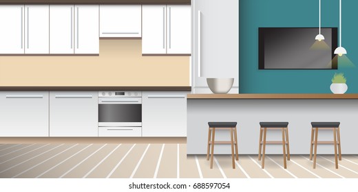 A design of modern workplace, kitchen with other objects. Vector illustration in flat minimalistic style, for website banner or another design production.