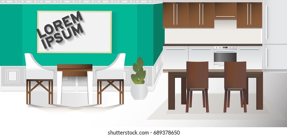 A design of modern workplace, kitchen with other objects. Vector illustration in flat minimalistic style, for website banner or another design production.
