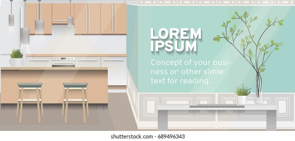 A design of modern workplace, kitchen with other objects. Vector illustration in flat minimalistic style, for website banner or another design production.