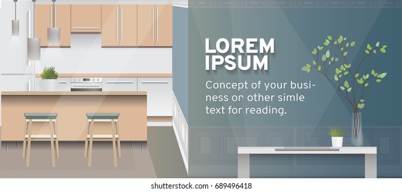 A design of modern workplace, kitchen with other objects. Vector illustration in flat minimalistic style, for website banner or another design production.