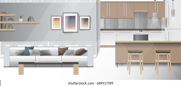 A design of modern workplace, kitchen with other objects. Vector illustration in flat minimalistic style, for website banner or another design production.