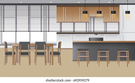 A design of modern workplace, kitchen with other objects. Vector illustration in flat minimalistic style, for website banner or another design production.