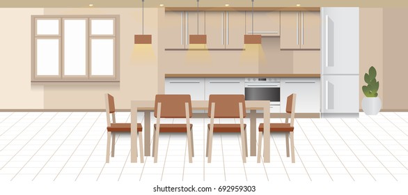 A design of modern workplace, kitchen with other objects. Vector illustration in flat minimalistic style, for website banner or another design production.