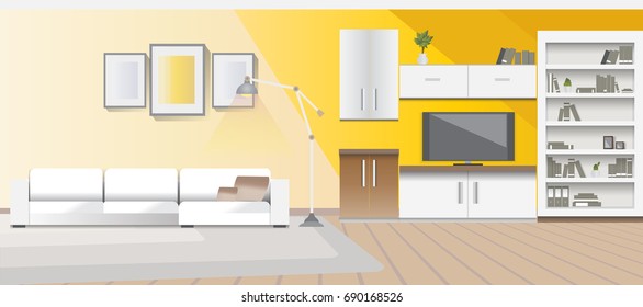 A design of modern workplace, a living room with a TV and sofa. Vector illustration in flat minimalistic style, for website banner or another design production.