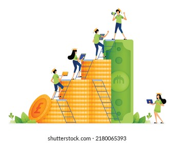 Design of money arranged like growth bar chart. students climb ladder of achievement to get tuition fees scholarships. Illustration for landing page website poster banner mobile apps web brochure ads