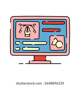 Design Monitor Doodle style, screen displaying a creative workspace with drawing tools, symbolizing UI UX design or creative editing work, ideal for digital design projects.