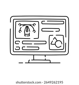 Design Monitor Outline Doodle style, screen displaying a creative workspace with drawing tools, symbolizing UI UX design or creative editing work, ideal for digital design projects.