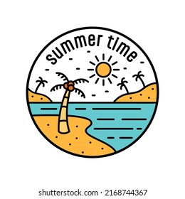 design mono line of summer time coconut on the beach for badge, sticker, patch, t shirt design, etc