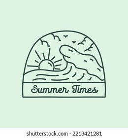 design mono line of summer time the wave and sunset for badge, sticker, patch, t shirt design, etc