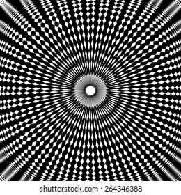 Design monochrome circle movement illusion background. Abstract strip geometric backdrop. Spider web texture. Vector-art illustration. No gradient