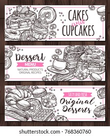 Design of monochrome horizontal vector banners with hand drawn homemade cake, cupcakes, muffins, macaroons, donuts and waffle. Templates for company producing homemade desserts, sweets and bakery
