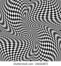 Design monochrome motion illusion checkered background. Abstract twisted torsion backdrop. Vector-art illustration