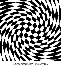 Design monochrome motion illusion checkered background. Abstract torsion twisted backdrop. Vector-art illustration