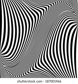 Design monochrome movement illusion background. Abstract striped lines warped backdrop. Vector-art illustration