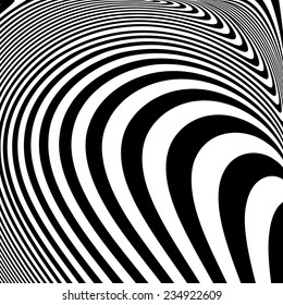 Design monochrome movement illusion background. Abstract striped lines distortion twisted backdrop. Vector-art illustration