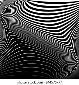Design monochrome movement illusion background. Abstract striped lines twisted distortion backdrop. Vector-art illustration. No gradient