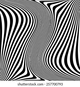 Design monochrome movement illusion background. Abstract striped lines distortion twisted backdrop. Vector-art illustration. No gradient