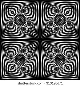 Design monochrome movement illusion background. Abstract grid torsion backdrop. Vector-art illustration. No gradient