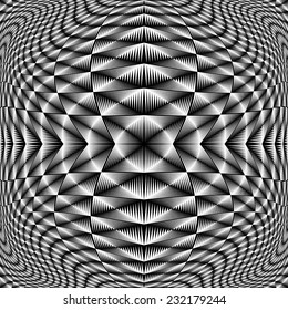 Design monochrome movement illusion checkered background. Abstract torsion twisted backdrop. Vector-art illustration. No gradient