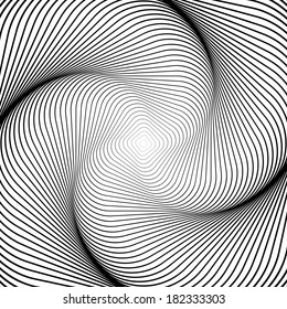 Design monochrome swirl movement illusion background. Abstract striped distortion backdrop. Vector-art illustration