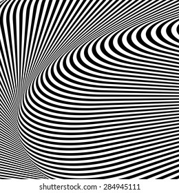 Design monochrome textured illusion background. Abstract striped torsion backdrop. Vector-art illustration