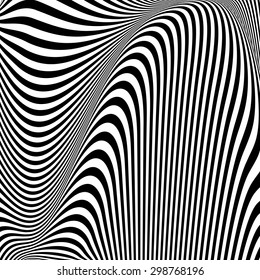 Design monochrome textured illusion background. Abstract striped torsion backdrop. Vector-art illustration