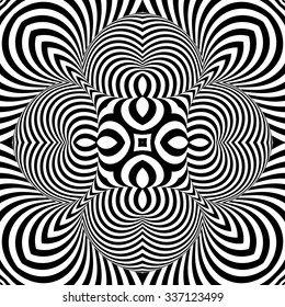 Design monochrome textured illusion background. Abstract striped torsion backdrop. Vector-art illustration