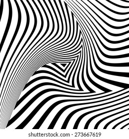 Design monochrome triangle movement illusion background. Abstract striped distortion geometric backdrop. Vector-art illustration. No gradient