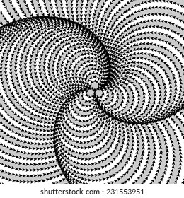 Design monochrome twirl circular movement illusion background. Abstract stripe distortion twisted backdrop. Vector-art illustration