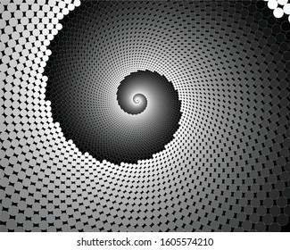 Design monochrome vortex circular movement illusion background. Abstract striped distortion backdrop. Vector-art illustration