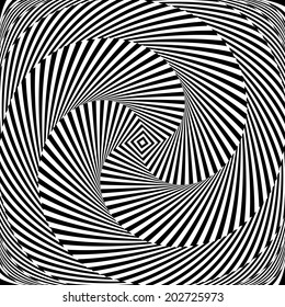 Design monochrome vortex circular movement illusion background. Abstract striped distortion twisted backdrop. Vector-art illustration