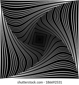 Design monochrome vortex movement illusion background. Abstract square torsion backdrop. Vector-art illustration