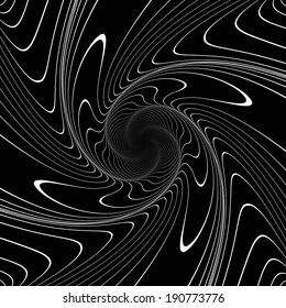 Design monochrome vortex movement illusion background. Abstract strip lines twisted warped backdrop. Vector-art illustration